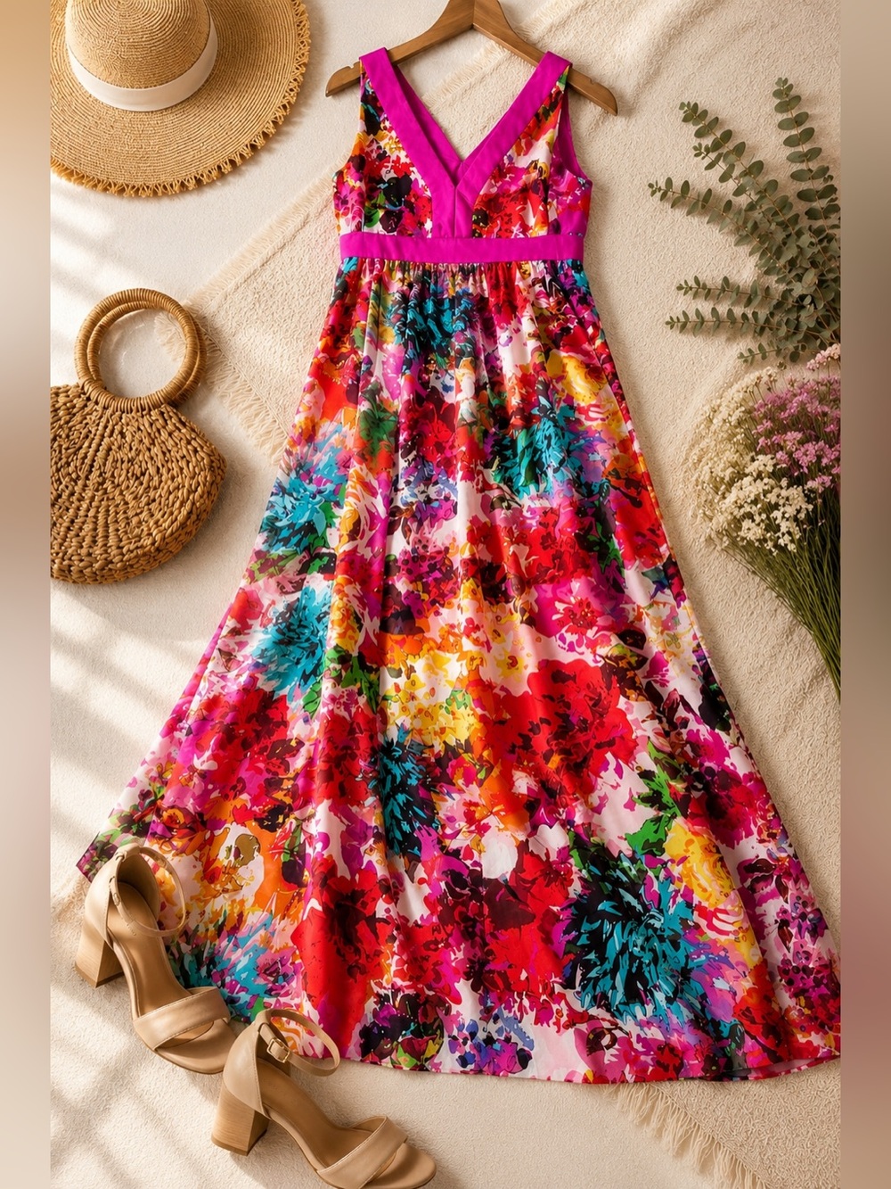 New York & Company Floral Maxi Dress Pink Multicolor Empire Waist Lined L